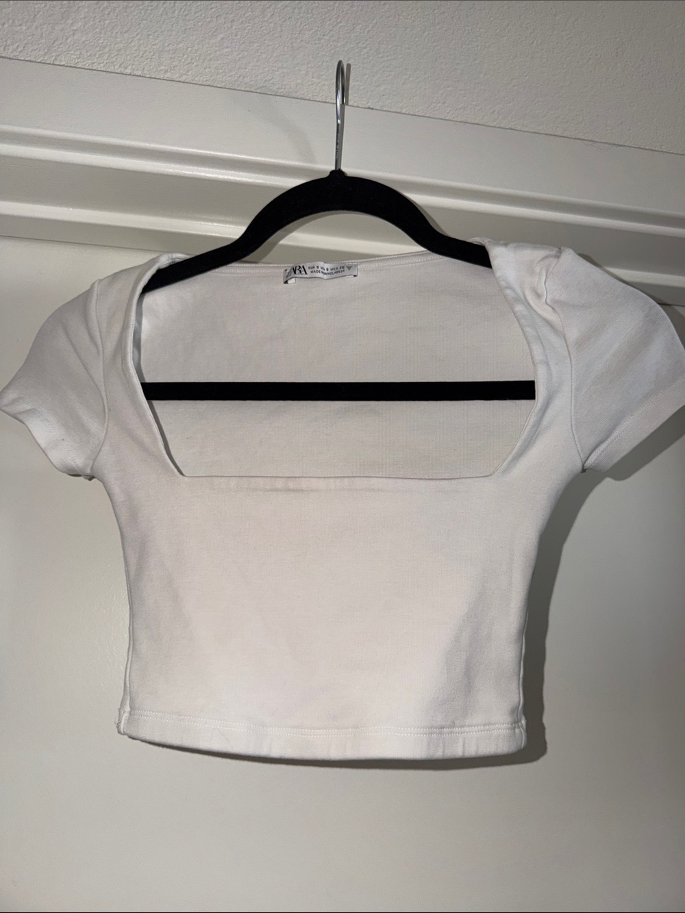 Zara White Square-Neck Short Sleeve Crop Top